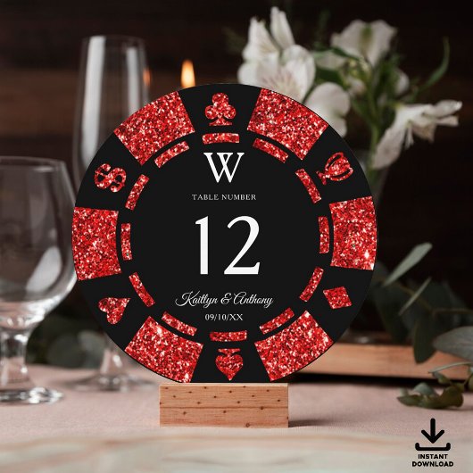 Rode Glitter Monogram Poker Chip Casino Bruiloft Kaart