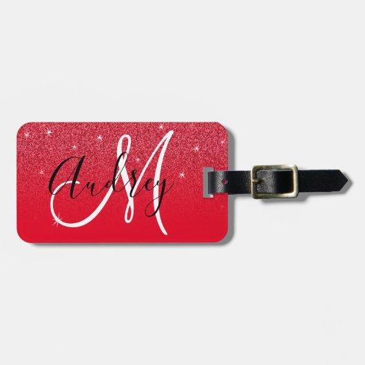 Rode Glitter Ombre Persoonlijk Monogram Bagagelabel (Voorkant horizontaal)