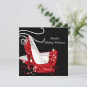Rode glitter op hoge hoogte Zwarte Birthday Party Kaart (Staand voorkant)