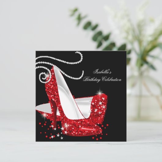 Rode glitter op hoge hoogte Zwarte Birthday Party Kaart (Staand voorkant)