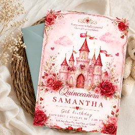 Rode Glitter Prinsessenkasteel Quinceañera Uitnodi Kaart