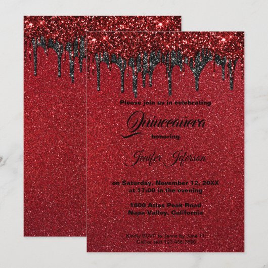 Rode glitter Quinceanera uitnodiging (Voorkant / Achterkant)