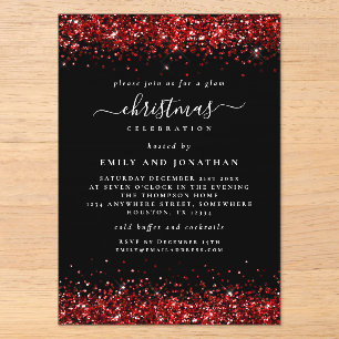 Rode Glitter Rand Kerst Zwart Acryl Uitnodigingen