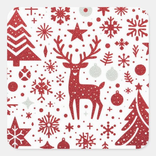 Rode Glitter Rendier Kerststicker Vierkante Sticker (Voorkant)
