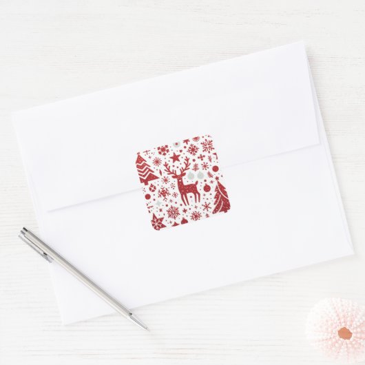 Rode Glitter Rendier Kerststicker Vierkante Sticker (Envelop)