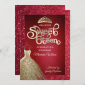 Rode glitter schattige jurk tiara Gold typografie Kaart (Voorkant / Achterkant)