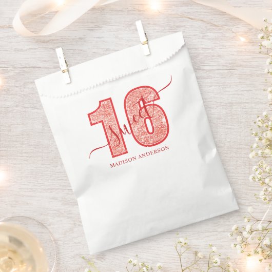 Rode Glitter Script Sweet 16 Verjaardag Glamour Bedankzakje (Geknipt)