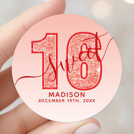 Rode Glitter Script Sweet 16 Verjaardag Ronde Sticker