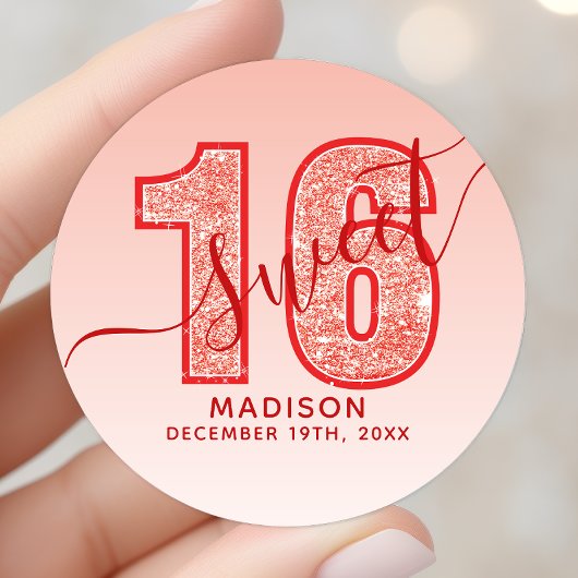 Rode Glitter Script Sweet 16 Verjaardag Ronde Sticker