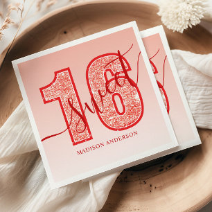 Rode Glitter Script Sweet 16 Verjaardag Servet