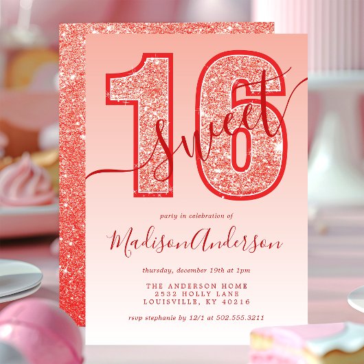Rode Glitter Script Sweet 16 Verjaardagsfeest Kaart