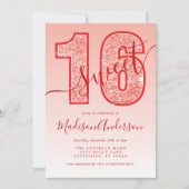 Rode Glitter Script Sweet 16 Verjaardagsfeest Kaart (Voorkant)