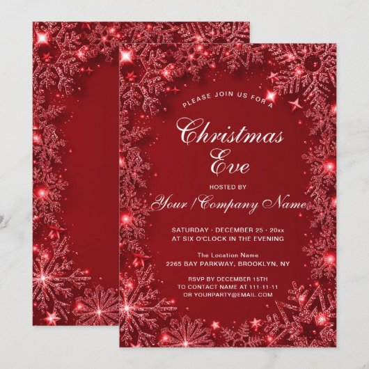 Rode Glitter Sneeuwvlokken Kerstavond Feest Kaart (Voorkant / Achterkant)