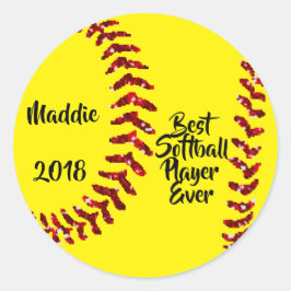 Rode glitter Softball Stiches Ronde Sticker