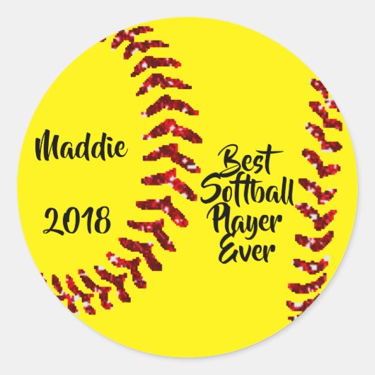 Rode Glitter Softbalsteken Ronde Sticker (Voorkant)