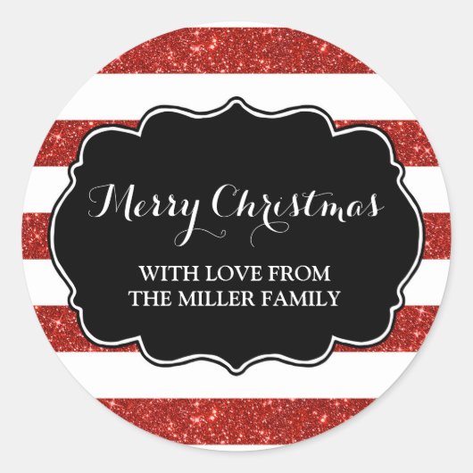 Rode Glitter Strepen Merry Christmas Custom Ronde Sticker (Voorkant)