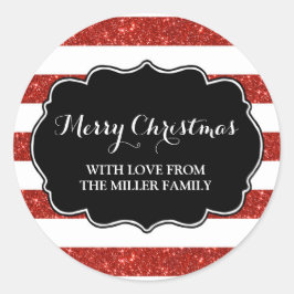 Rode Glitter Strepen Merry Christmas Custom Ronde Sticker