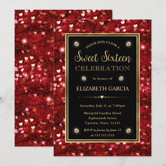 rode glitter Valentijn harten zoet zestien Kaart (Voorkant / Achterkant)