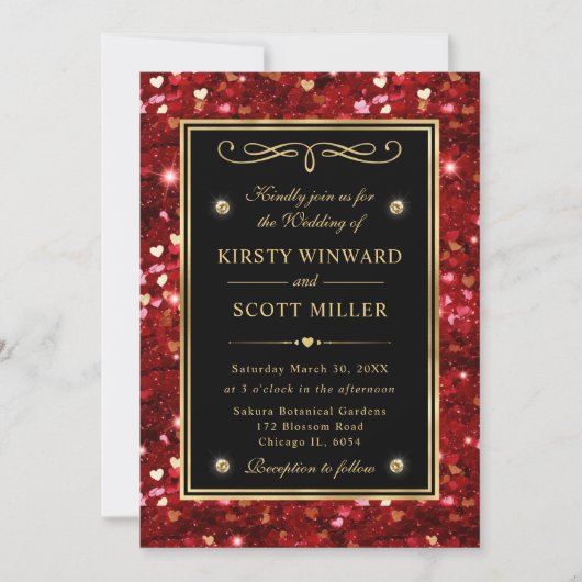 Rode Glitter Valentijnsharten Bruiloft Kaart (Voorkant)