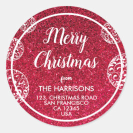 Rode Glitter Witte Kerstmis Baubles Adres Ronde Sticker