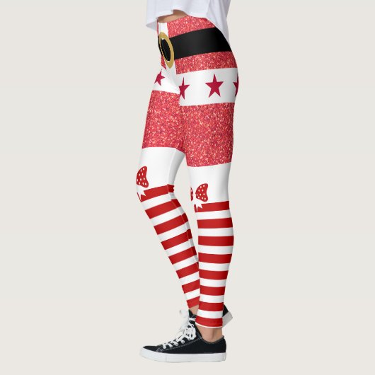 Rode Glitter & Witte Strepen Sterren Kerstmis Leggings (Links)