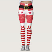 Rode Glitter & Witte Strepen Sterren Kerstmis Leggings (Voorkant)