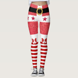 Rode Glitter & Witte Strepen Sterren Kerstmis Leggings