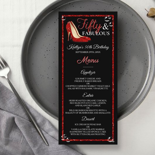 Rode glitterhakken | 50 & Uitstekend Verjaardagsme Reclamekaart