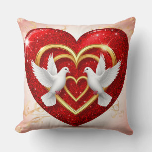 Rode Glitterhart Met Gouden Harten En Witte Duiven Kussen