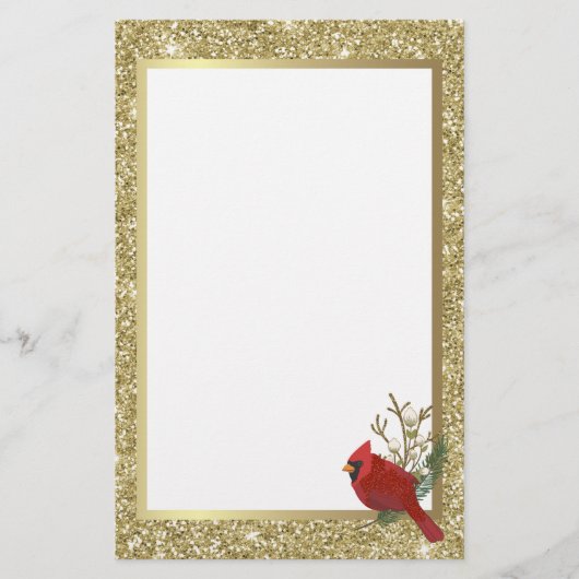 Rode glitterkardinaal met Glittery Gold Border Briefpapier (Voorkant)