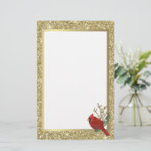 Rode glitterkardinaal met Glittery Gold Border Briefpapier (Staand voorkant)