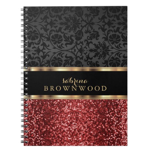 Rode Glitters en Zwarte Damast Notitieboek (Voorkant)