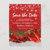 Rode Glitters Kerstfeest Feest Datum Besparen Aankondigingskaart (Voorkant)