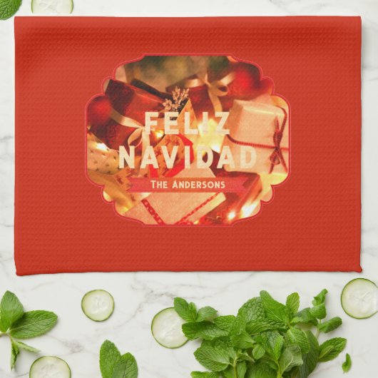 Rode Gold Familienaam Elegant Spaanse Kerstmis Theedoek (Gevouwen)