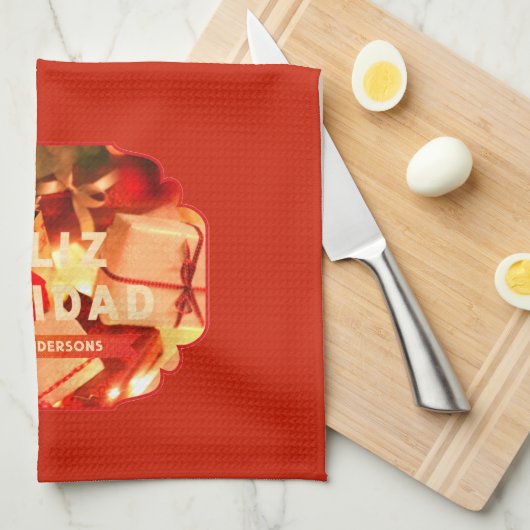 Rode Gold Familienaam Elegant Spaanse Kerstmis Theedoek (Quarter Fold)