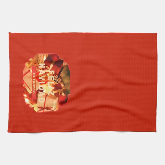 Rode Gold Familienaam Elegant Spaanse Kerstmis Theedoek (Horizontaal)