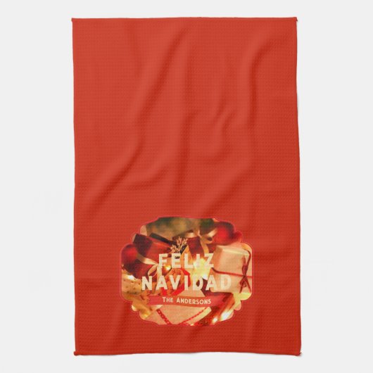 Rode Gold Familienaam Elegant Spaanse Kerstmis Theedoek (Verticaal)