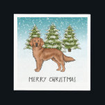 Rode Golden Retriever Blue Winter Christmas Servet<br><div class="desc">Destei's originele cartoon illustratie van een schattige mahonierode of roodbruine vachtkleur Golden Retriever rashond. De hond wordt geplaatst in een winterscène met drie groene sparren en vallende sneeuw. De achtergrond is een blauw tot wit verloop, waardoor het ontwerp er die koude winterdag uitziet. Er is ook een gepersonaliseerd tekstgebied dat...</div>