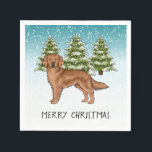 Rode Golden Retriever Blue Winter Christmas Servet<br><div class="desc">Destei's originele cartoon illustratie van een schattige mahonierode of roodbruine vachtkleur Golden Retriever rashond. De hond wordt geplaatst in een winterscène met drie groene sparren en vallende sneeuw. De achtergrond is een blauw tot wit verloop, waardoor het ontwerp er die koude winterdag uitziet. Er is ook een gepersonaliseerd tekstgebied dat...</div>