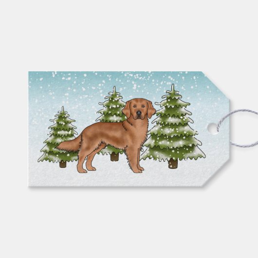 Rode Golden Retriever Dog Blue Snowy Christmas Cadeaulabel (Voorkant (Horizontaal))