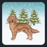 Rode Golden Retriever Dog Blue Snowy Christmas Vierkante Sticker<br><div class="desc">Destei's originele cartoon-illustratie van een schattige mahonierode of roodbruine Golden Retriever-rashond. De hond wordt geplaatst in een winterscène met drie groene sparren en vallende sneeuw. De achtergrond is een blauw tot wit verloop,  waardoor het ontwerp er die koude winterdag uitziet.</div>