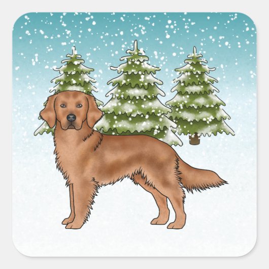 Rode Golden Retriever Dog Blue Snowy Christmas Vierkante Sticker (Voorkant)