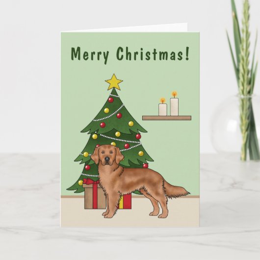 Rode Golden Retriever hond en groene kerstboom Kaart (Voorkant)