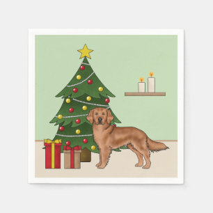 Rode Golden Retriever hond en groene kerstboom Servet