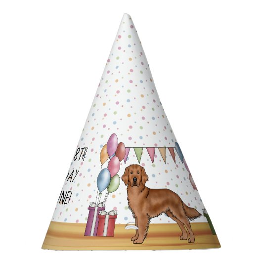 Rode Golden Retriever Hond Kleurrijke Gelukkige Ve Feesthoedjes (Rechts)