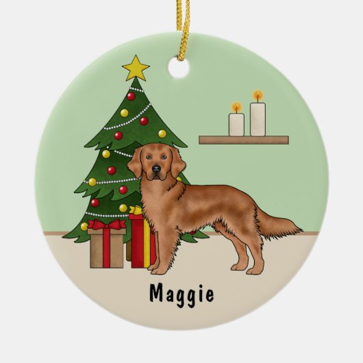 Rode Golden Retriever hond met kerstboom groen Keramisch Ornament (Voorkant)