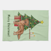 Rode Golden Retriever hond met kerstboom Theedoek (Horizontaal)