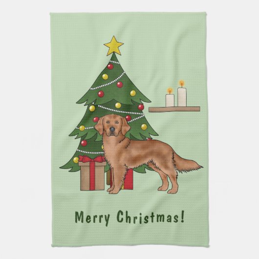 Rode Golden Retriever hond met kerstboom Theedoek (Verticaal)