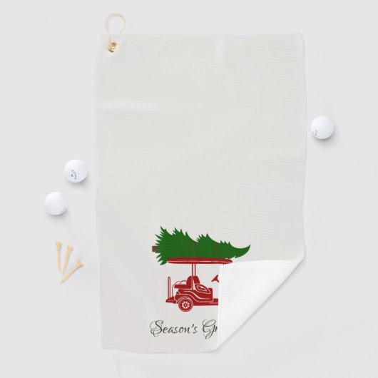 Rode golfkar met kerstboom | alabast golfhanddoek (Insitu)