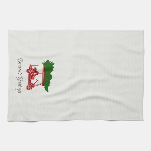 Rode golfkar met kerstboom | alabast theedoek (Horizontaal)